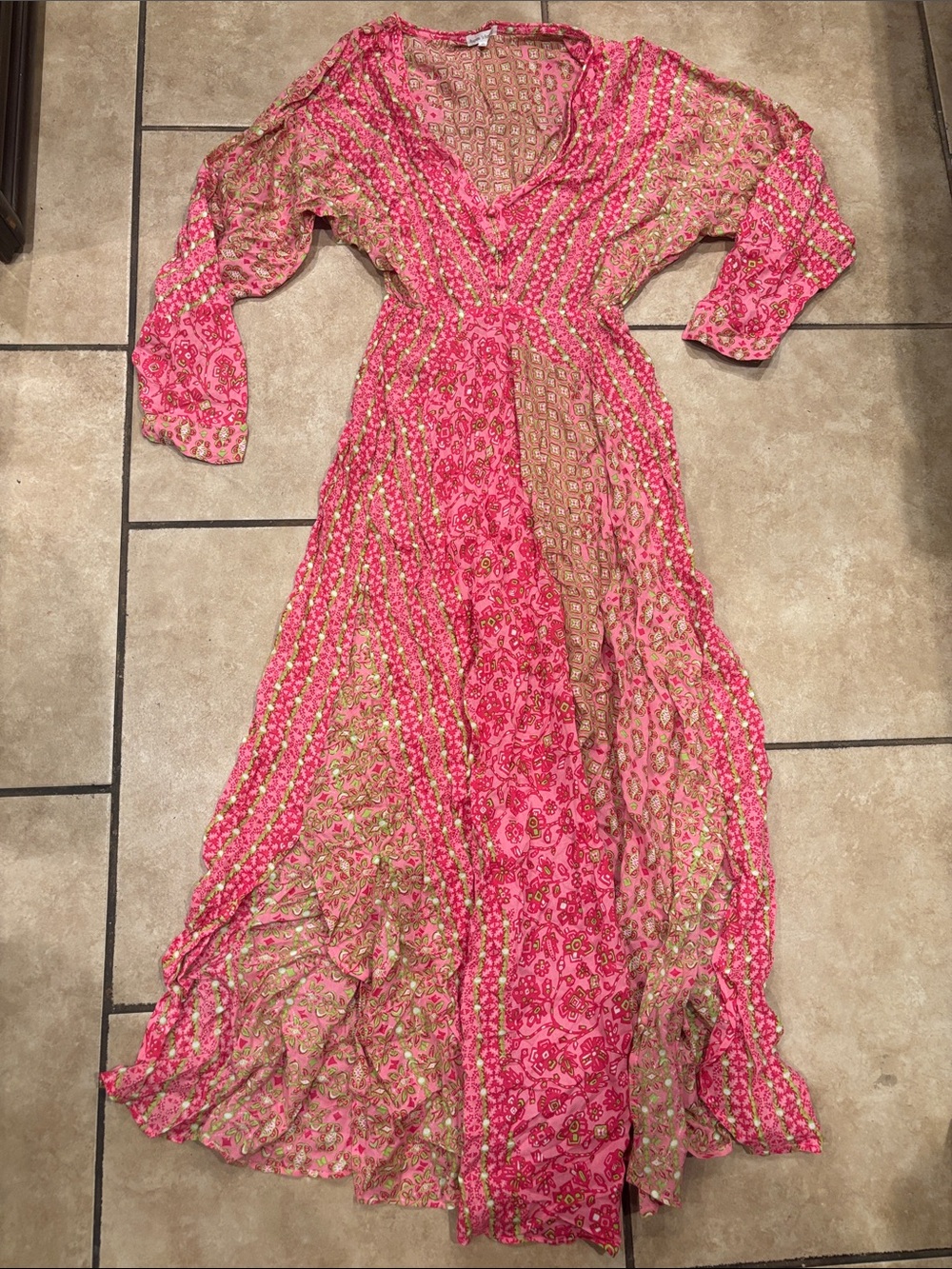 Poupette St. Barth Pink & Green Floral Paisley 3/4 Sleeve Dress